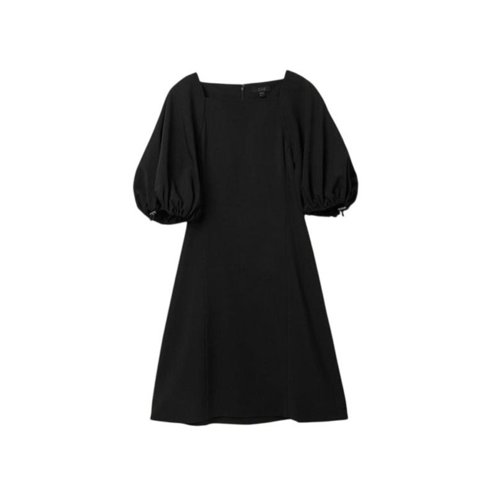 COS Black Square Neck Puff Sleeve Mini Dress Size 12 Toggle Cuffs A-Line